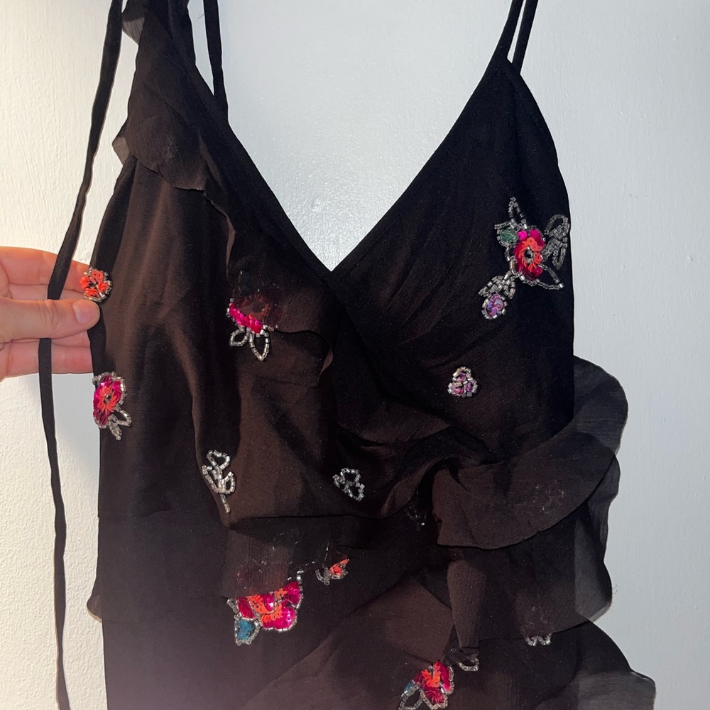ASOS black chiffon long dress with sequin flowers and plunge crossback. Size 10!